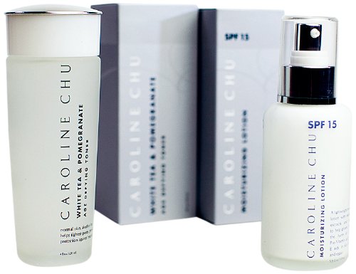 Caroline Chu SPF 15 Moisturizing Lotion plus White Tea plus Pomegranate Age-Defying Toner Set, 7.8 Fluid Ounce