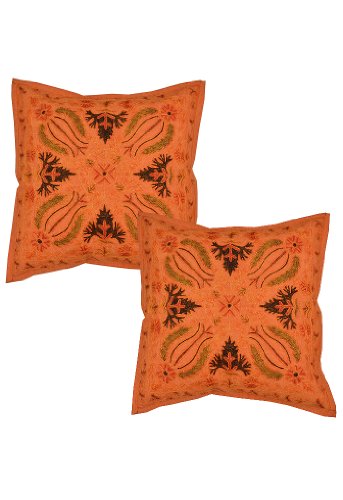 Imagen principal de Mirada agradable juego de 2 Cojín las hojas de naranja cubierta de 16 x 16 y almohada de algodón los casos por Rajrang
