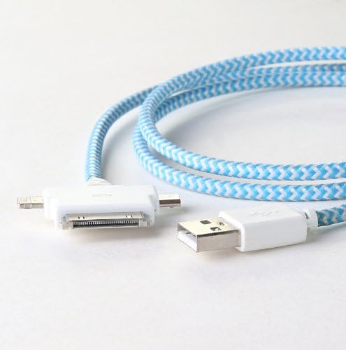 BlooBraid 3-in-1 Extra Long Cotton Braided Rugged iPhone Sync &amp; Charge Cable (Blue+White, 5 ft) - Bloobury