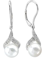 Elegance Collection White Gold Earrings with Cultured White Pearls and Diamonds
