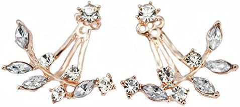 Redive jewelry 18k Gold Plated Leaf Earring Crystal Jacket Double Sided Swing Ear Studs Earrings (Rose Gold)