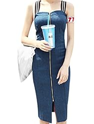 Sexy Striped Print Sheath Sleeveless Stretchy Cotton/Denim  Dress