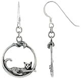 Sterling Silver Oxidized Drop Earrings w/ Puma Cat, 13/16 (21mm) tall