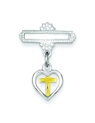 Sterling Silver Dangling Heart Vermeil Cross Pin