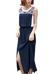 Floral Print Chiffon Elasticized   Waistline Keyhole Sleeveless Round Neck  Dress