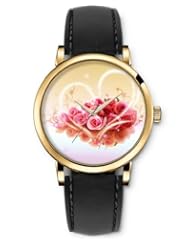 SPRAWL Aanalog Fashion Series Gold Ladies Watches of Genuine Black Leather Strap,Unique Wrist Watch for Women Girls Designed with Bouquet of pink roses