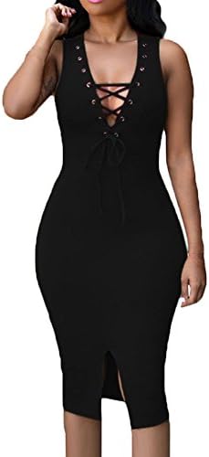 Liberty Queen Women's V Neck Sleeveless Lace-up Bodycon Midi Dress Size M Black