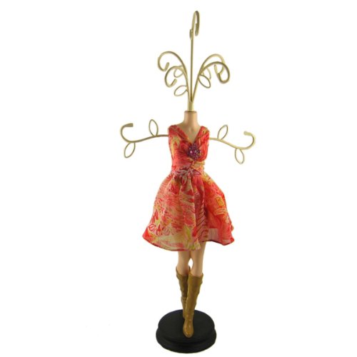 Red Floral Print Dress Form Doll Jewelry Stand 17 Inches