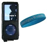 Premium Leather Case with Swivel Belt Clip for Apple iPod Nano Nano-Chromatic 4th Generation 8gb 16gb (Nano Chromatic Not Included) + Wisdom*Courage Wristband + Ipod Nano Screen Protector Kit, Froza Black