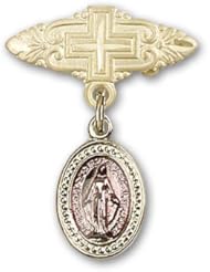 Gold Filled Baby Badge with Pink Miraculous Charm and Badge Pin with Cross