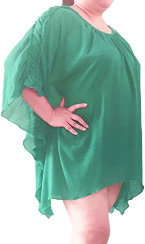 Plus Size Butterfly Top US1XL to 5XL Gathers Ruffled Shoulder Round Neckline Blouse Tunic Flowing Asymmetrical Hem Batwing US Size 14-32 (4XL, green)