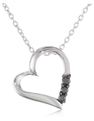 Sterling Silver and Three-Stone Black Diamond Heart Pendant Necklace (1/10 cttw), 18"