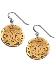 14K Yellow Gold Northwest Coast Native American Raven Ellipse Earrings. Made in USA.