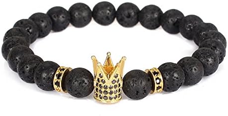 Dilusso Mens Lava Stone Micro Pave Cubic Zirconia Crown Charm Energy Beaded Bracelets