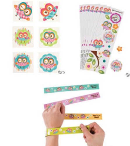 Owl You're a Hoot Party Favor/(2 Dozen) Stickers/ (6 Dozen) Tattoos/(1 Dozen) Snap Bracelets/Party Favors/Party Supplies