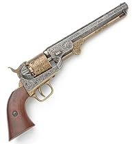 Civil War Model 1851 Naval Pistol with Engraved Silver Tone / Gold Tone Finish and Wooden Grips - Replica of Revolver Used by Both USA / Union and CSA / Confederate Forces - Detailed Metal Prop Gun