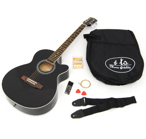Produkt-Bild: Elektro Akustik Westerngitarre schwarz mit 4 Band EQ Pickup / Tonabnehmer und Zubeh&ouml;rset: gepolsterte Tasche, Gurt, Ersatzsaiten und Stimmpfeife