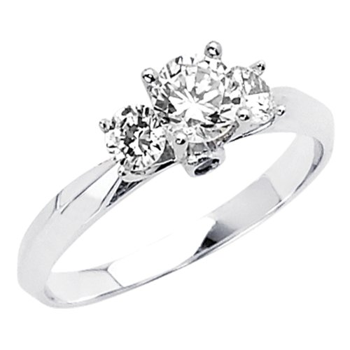 14K White Gold Round-cut Three Stone CZ Cubic Zirconia Ladies Wedding Engagement Ring Band