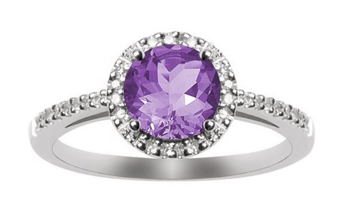 10k White Gold, February Birthstone, Amethyst and Diamond Ring
