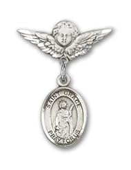 Sterling Silver Baby Badge with St. Grace Charm and Angel with Wings Badge Pin