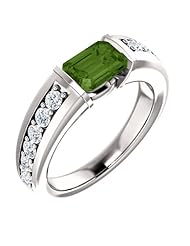 18K White Gold 7.00x5.00mm Emerald Cut Green Tourmaline and Diamond Ring -- LIFETIME WARRANTY