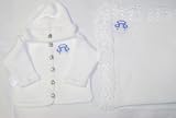 Knitted on Hand Knitting Machine White Cotton Hand Crochet Finished Infant Boys Cardigan, Hat Set Trimmed with Trimmed with Blue Race Car and Matching Large Blanket