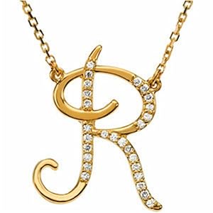 14k Yellow Gold Regal R Initial Diamond Necklace