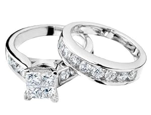 Princess Cut Diamond Engagement Ring and Wedding Band Set 1 Carat (ctw) in 14K White Gold , Size 8