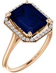 18K Rose Gold 10.00x8.00mm Emerald Cut Chatham Created Sapphire and Diamond Halo-Style Ring -- LIFETIME WARRANTY