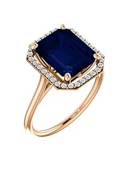 14K Rose Gold 10.00x8.00mm Emerald Cut Chatham Created Sapphire and Diamond Halo-Style Ring -- LIFETIME WARRANTY