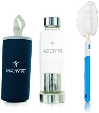 Vitality Fit- Stylish &amp; Premium Quality Borosilicate Reusable Glass Tea / Fruit Infuser Bottle with Stainless Steel Lid and Colourful Nylon Sleeve - BPA Free Non-Leaching Seal - 14.2 Oz (Blue)
