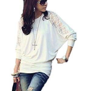 NEW Women Fashion Long Batwing Sleeve Loose Casual Lace T-shirt Top Blouse M