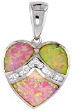 Sterling Silver Heart Pendant, Inlaid w/ Pink Lab Opal with CZ, 3/4 (18 mm) tall,
