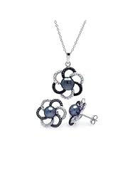 Nickel Free Sterling Silver Pendant & Earring Sets Black And Clear Flower With Pearl Set