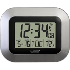La Crosse Technology WT-8005U-S Atomic Digital Wall Clock with Indoor Temperature, Silver