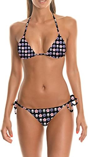 Pretty321 Women Girl lovely Sexy 3D Flower Skull Face Strappy Halter Bikini Set (Free Size As Pic No.4/ the Last Pic, Amazon)