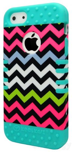 New Impact Hybrid Combo Hard Case Soft Rubber for Iphone 5 Rainbow Chevron Teal Blue Skin