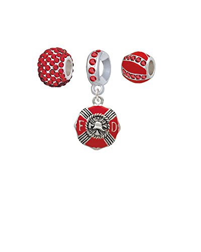 Red Enamel Fire Department Medallion - Sparkle Red Charm Beads (Set of 3)