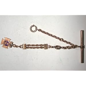 #719 Antique Gold Filled Pocket Watch Chain with FLT Oddfellows Fraternal Fob and T-Bar