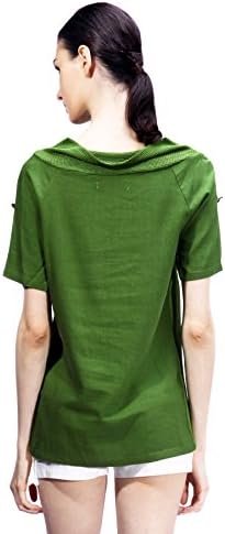 Classy Charm Women's Jute Paneled Shirt T-shirt Top Folding Sleeves Waist Pockets V Neck Medium Apple Green