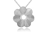 14K White Gold Florentine Matte-Finish Hand-Crafted Flower Pendant, Centered with a Pave Set Diamond Circle, Sliding on a 16 Cable Chain.