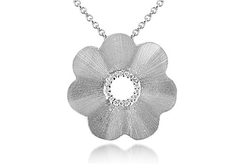 14K White Gold Florentine Matte-Finish Hand-Crafted Flower Pendant, Centered with a Pave Set Diamond Circle, Sliding on a 16 Cable Chain.