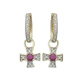 14K Yellow Gold 1/10 ct. Diamond and 1/4 ct. Ruby Cross Earrings