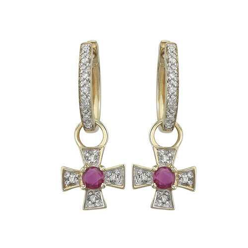 14K Yellow Gold 1/10 ct. Diamond and 1/4 ct. Ruby Cross Earrings