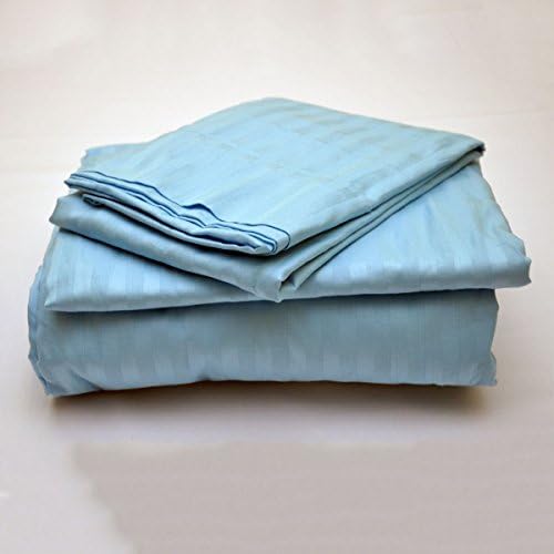 300 TC Egyptian Cotton 4 Pcs Sheet Set Drop Pocket 25" Small Full Light Blue Stripe(1 Fitted Sheet+1 Flat Sheet+2 Pillowcase)