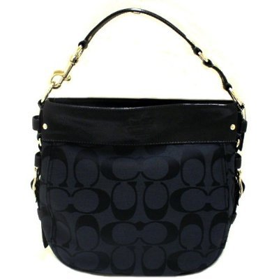 Coach Large Black Signature Silver Zoe Hobo Handbag 12674