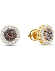 14K Yellow and White Two 2 Tone Gold Round Brilliant Cut Chocolate Brown and White Diamond - Flower Shape Invisible & Channel Set Studs Earrings with Secure Screw Back Closure - (3/4 cttw.)
