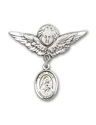 Sterling Silver Baby Badge with St. Rita of Cascia Charm and Angel with Wings Badge Pin