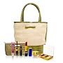 Estee Lauder Travel Set (Straw Bag with Green Faux Alligator Lining) 7 Piece Set