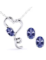 1.95 Ct Oval Blue Tanzanite 925 Sterling Silver Pendant Earrings Set
